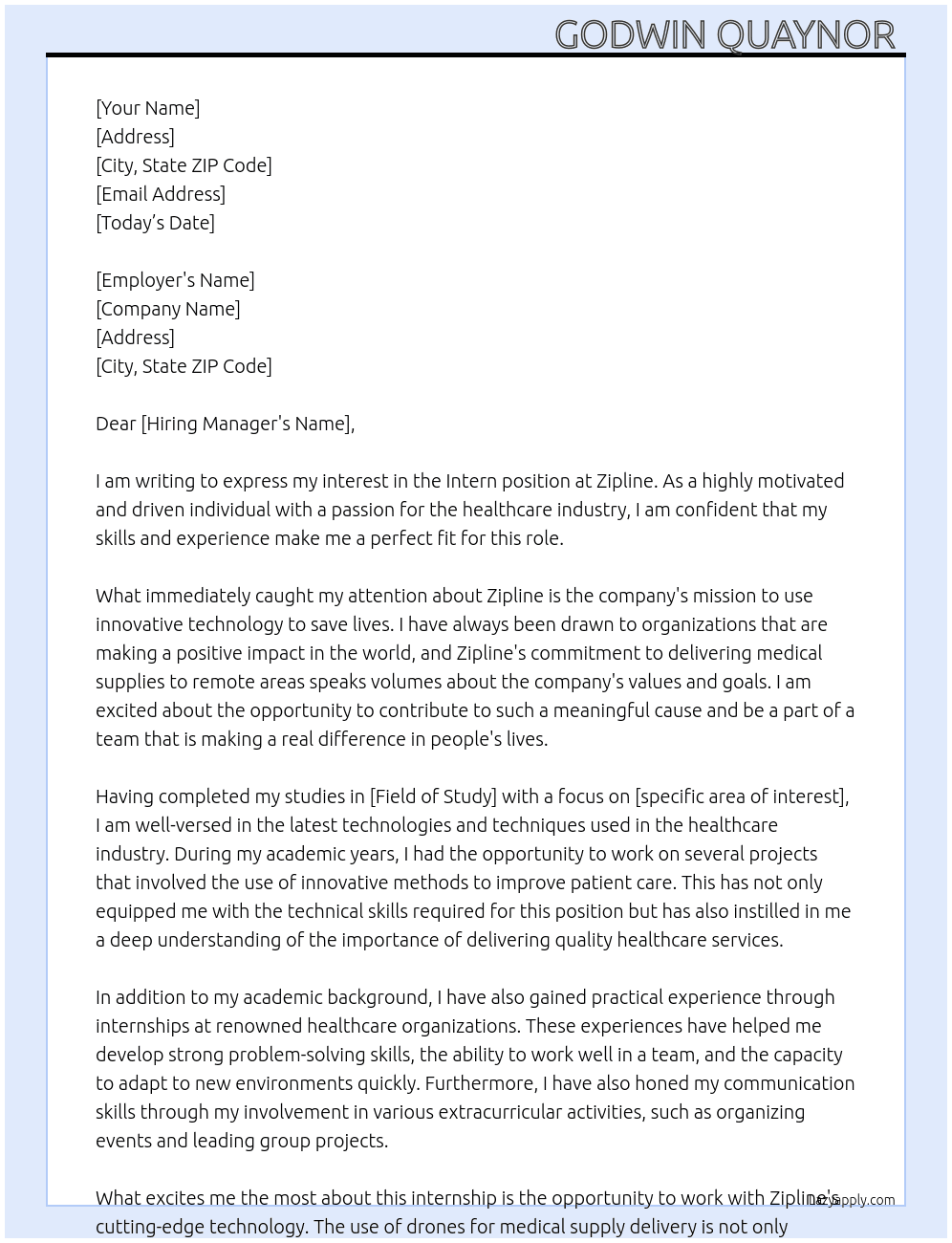 Intern  At Zipline  Cover Letter