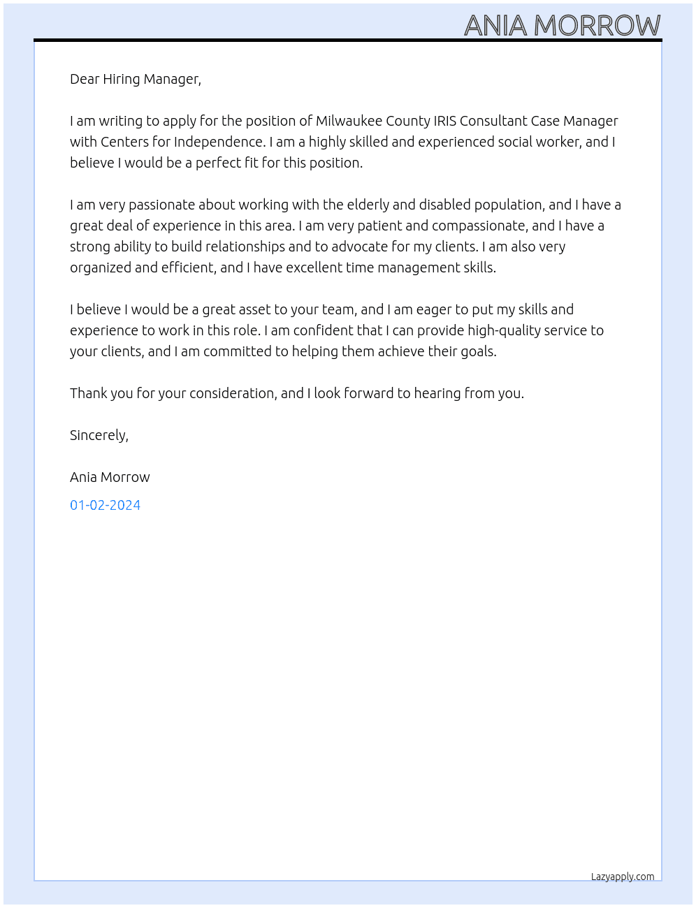 Milwaukee County IRIS Consultant Case Manager At Centers for Independence  Cover Letter