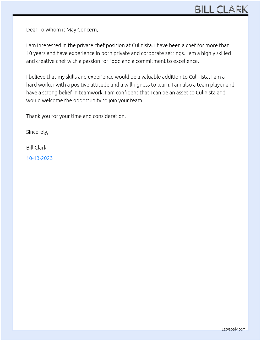 Private Chef  At Culinista Cover Letter