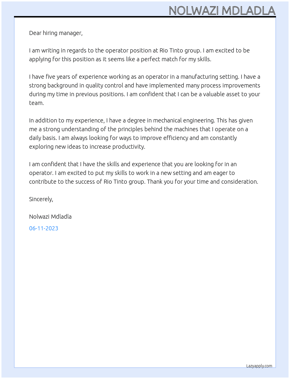Operator  At Rio Tinto group  Cover Letter