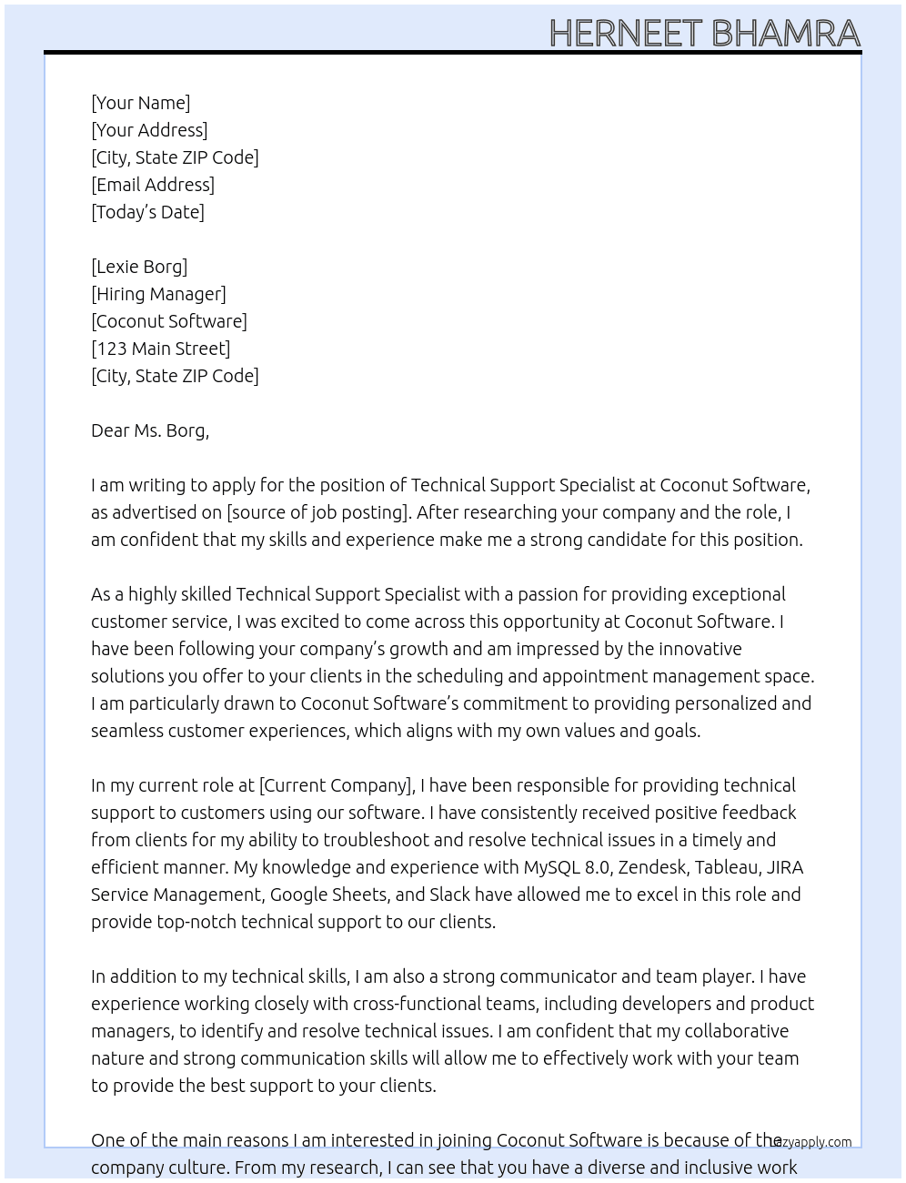 Technical Support Specialist At Coconut Software Cover Letter