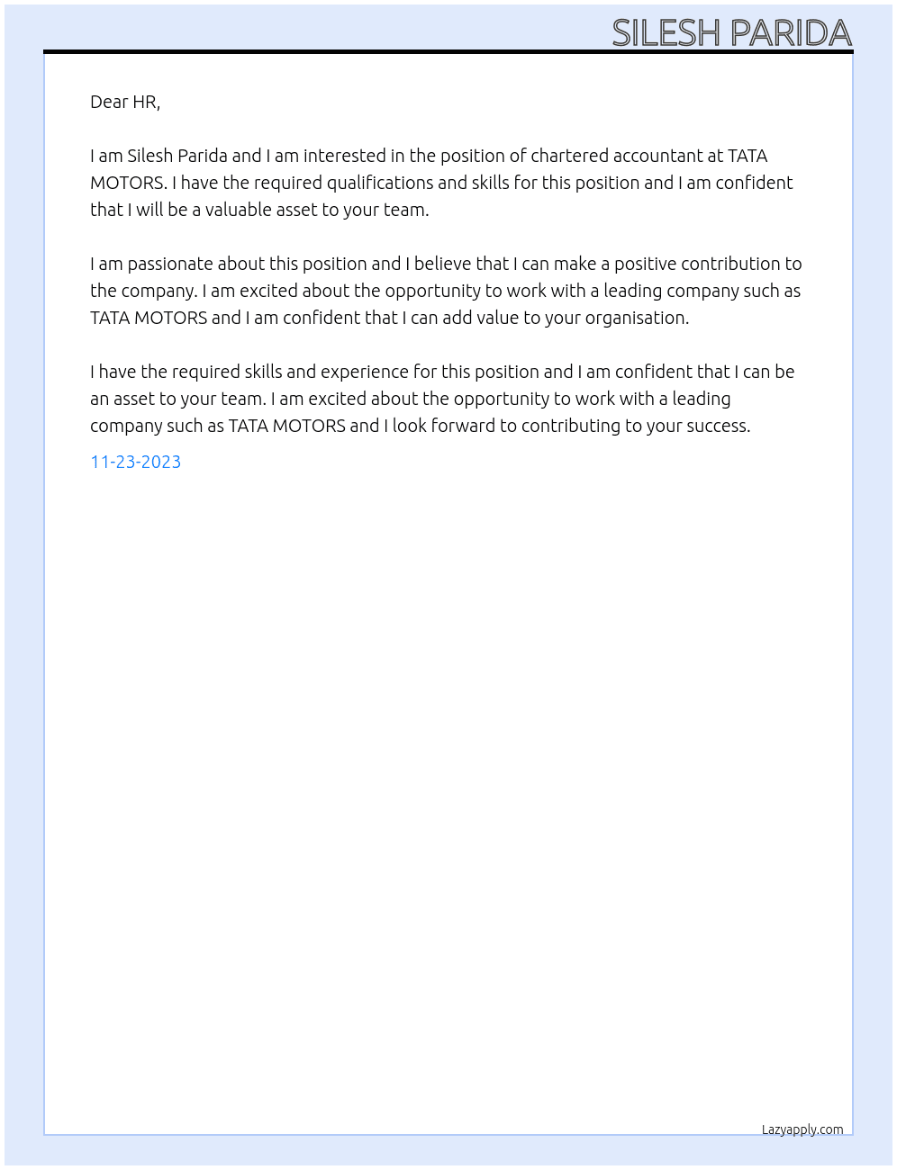 Chartered accountant  At TATA MOTORS Cover Letter