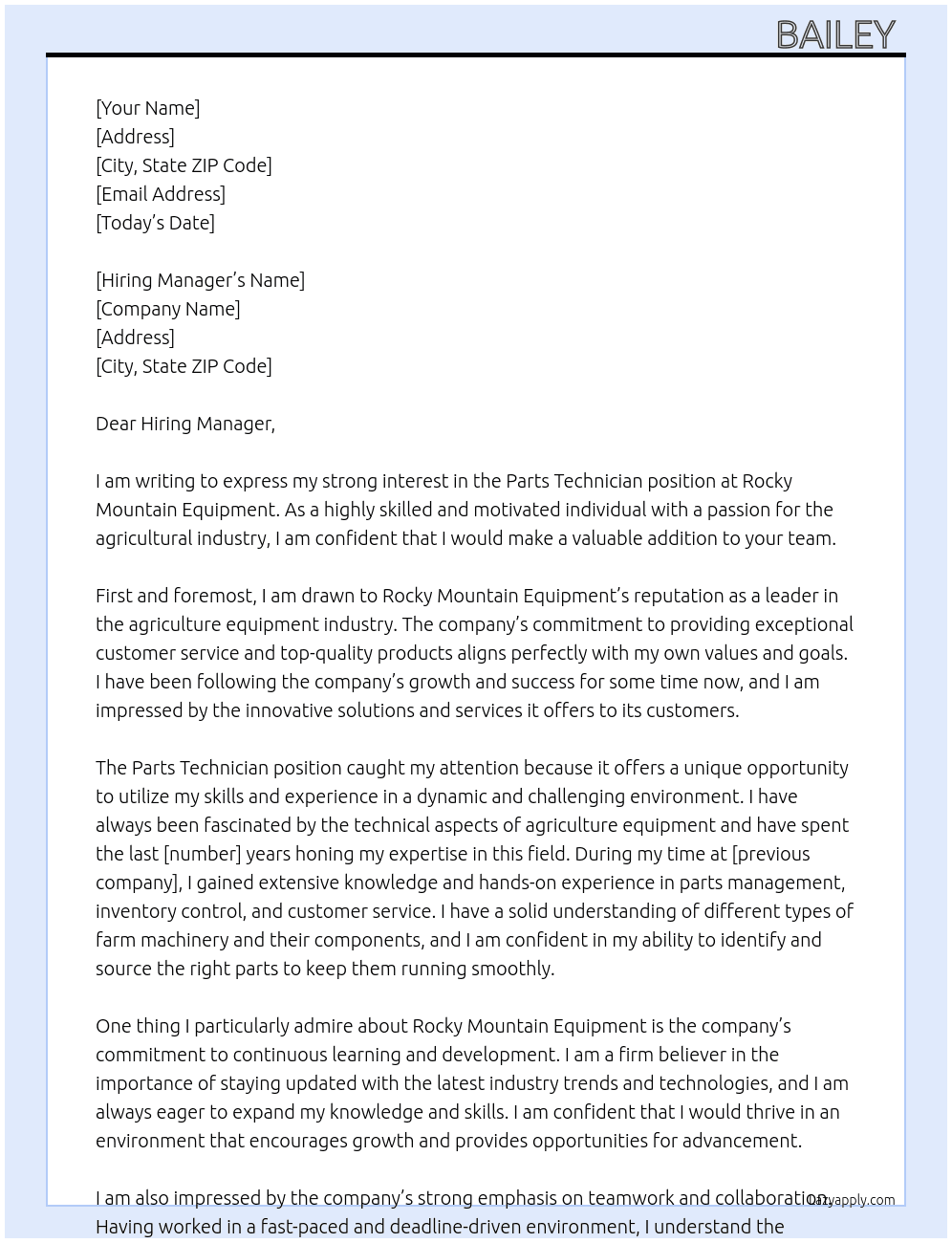 Parts Technician  At Rocky Mountain Equipment Cover Letter