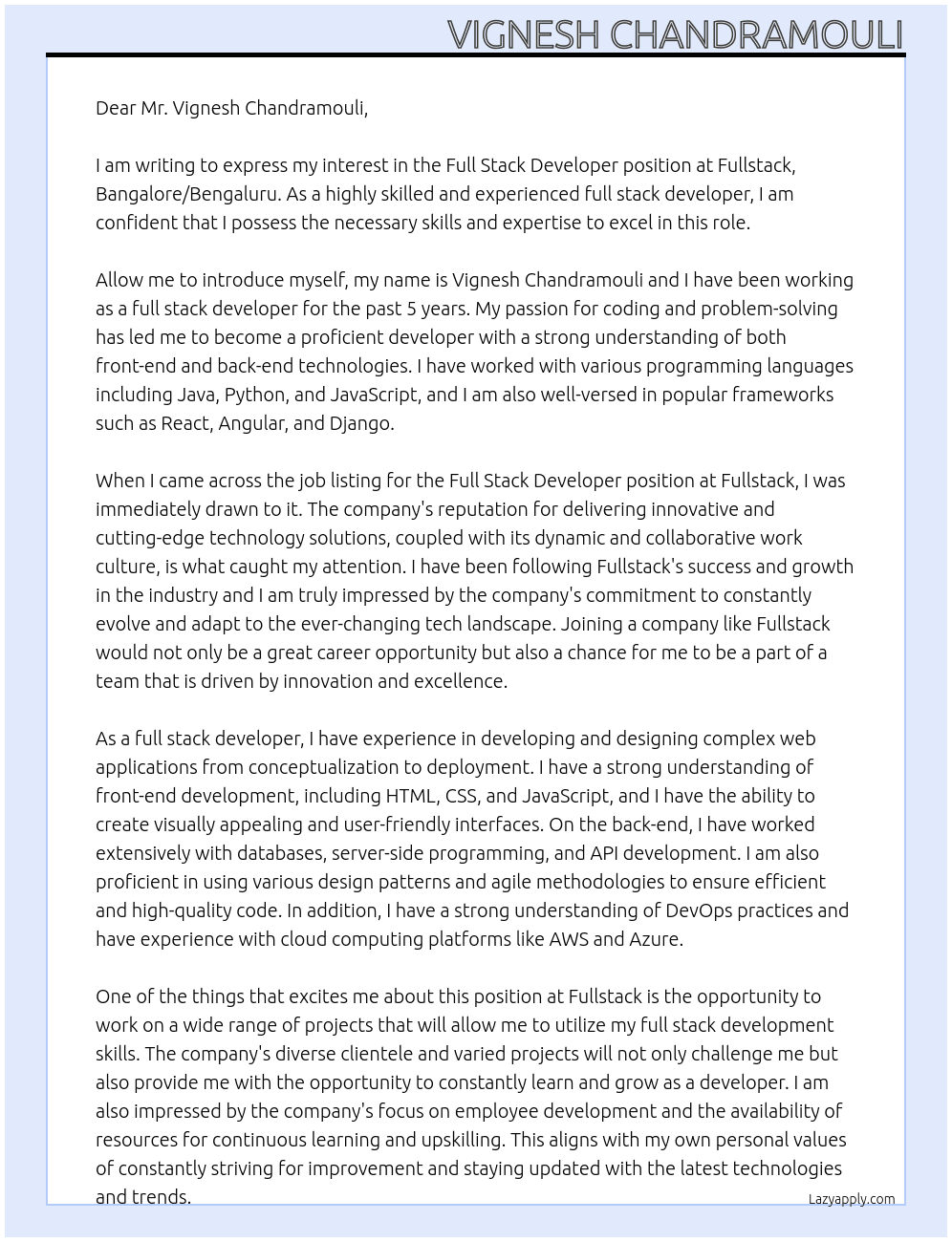 Full Stack Devloper At fullstacj Cover Letter