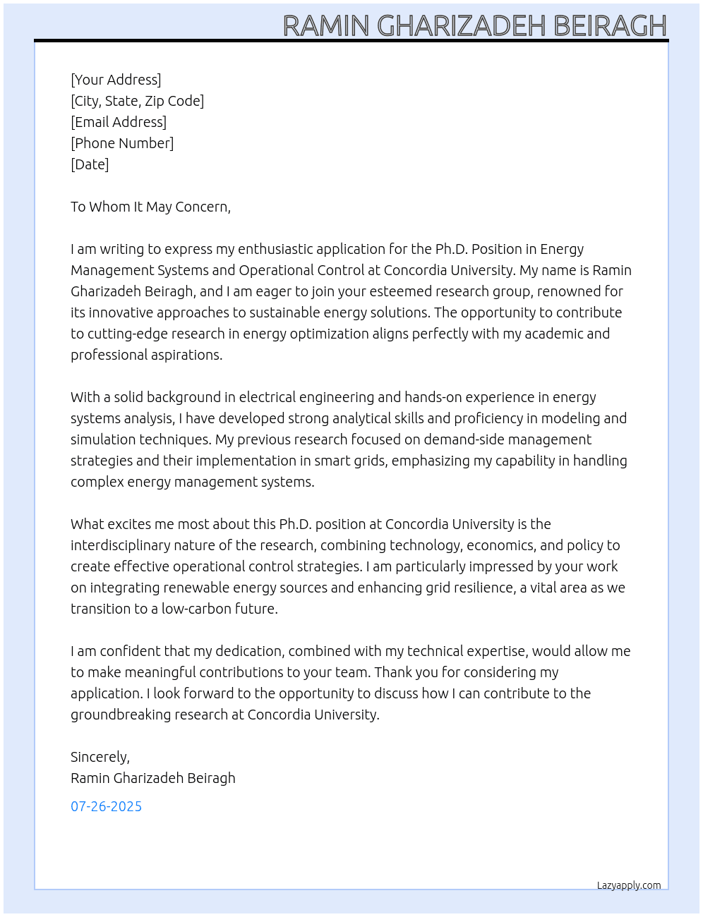 Ph.D. Position in Energy Management Systems and Operational Control At Concordia University Cover Letter