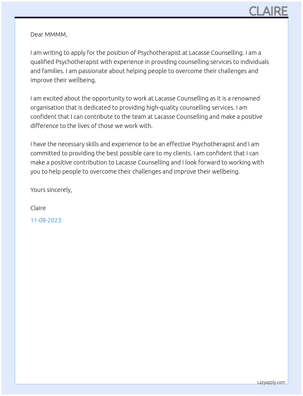 Psychotherapist At Lacasse Counselling Cover Letter