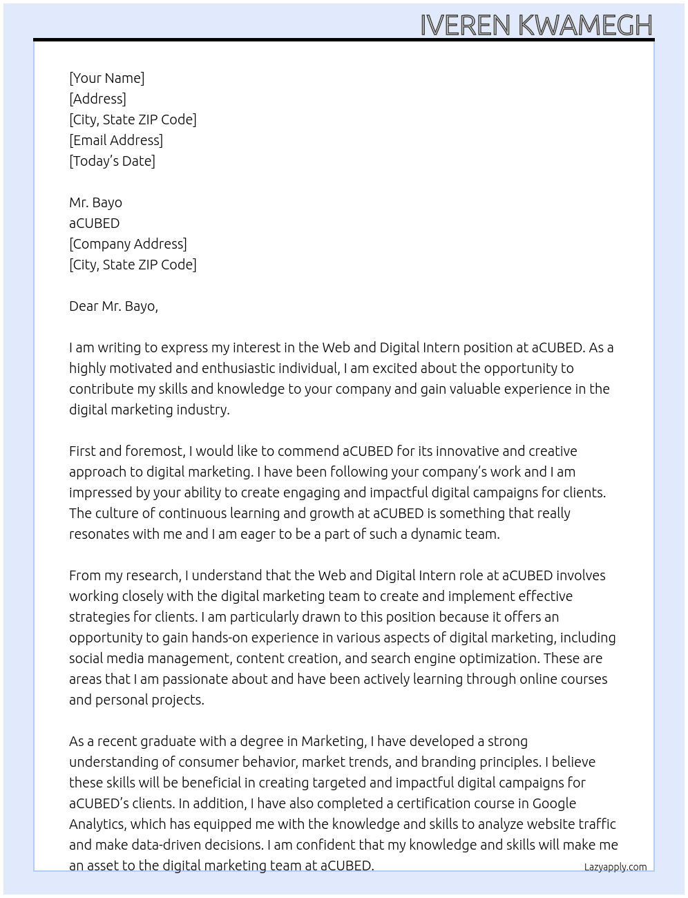 Web and Digital Intern At aCUBED Cover Letter