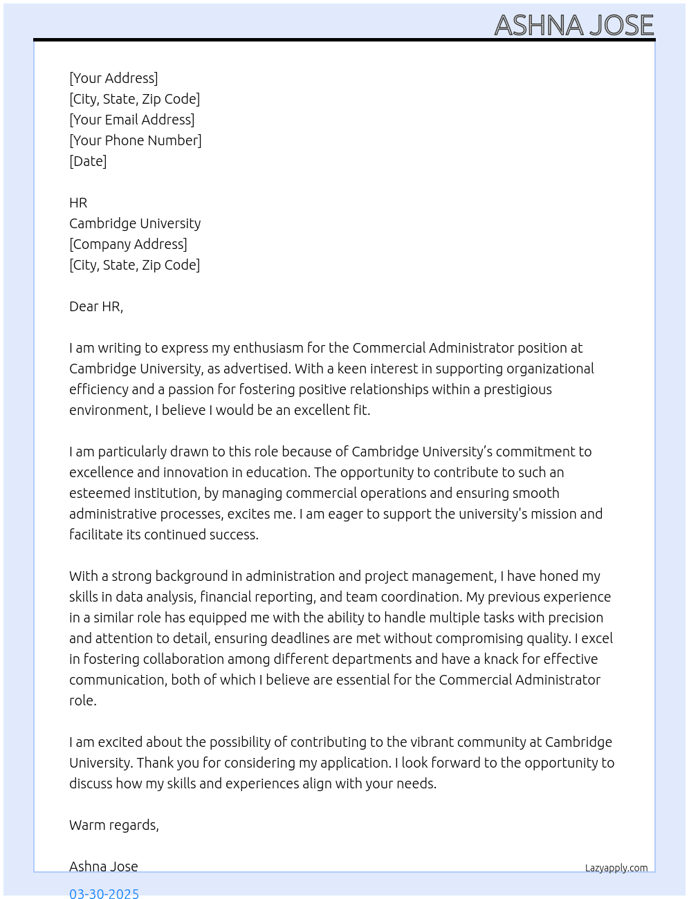 Cover letter for commercial administrator - LazyApply