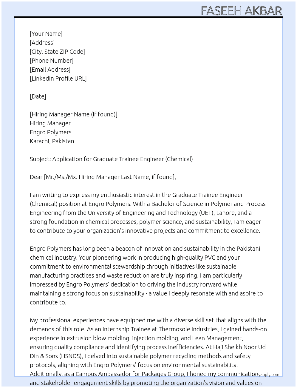 GTE-Chemical Engineer At Engro Polymers Cover Letter