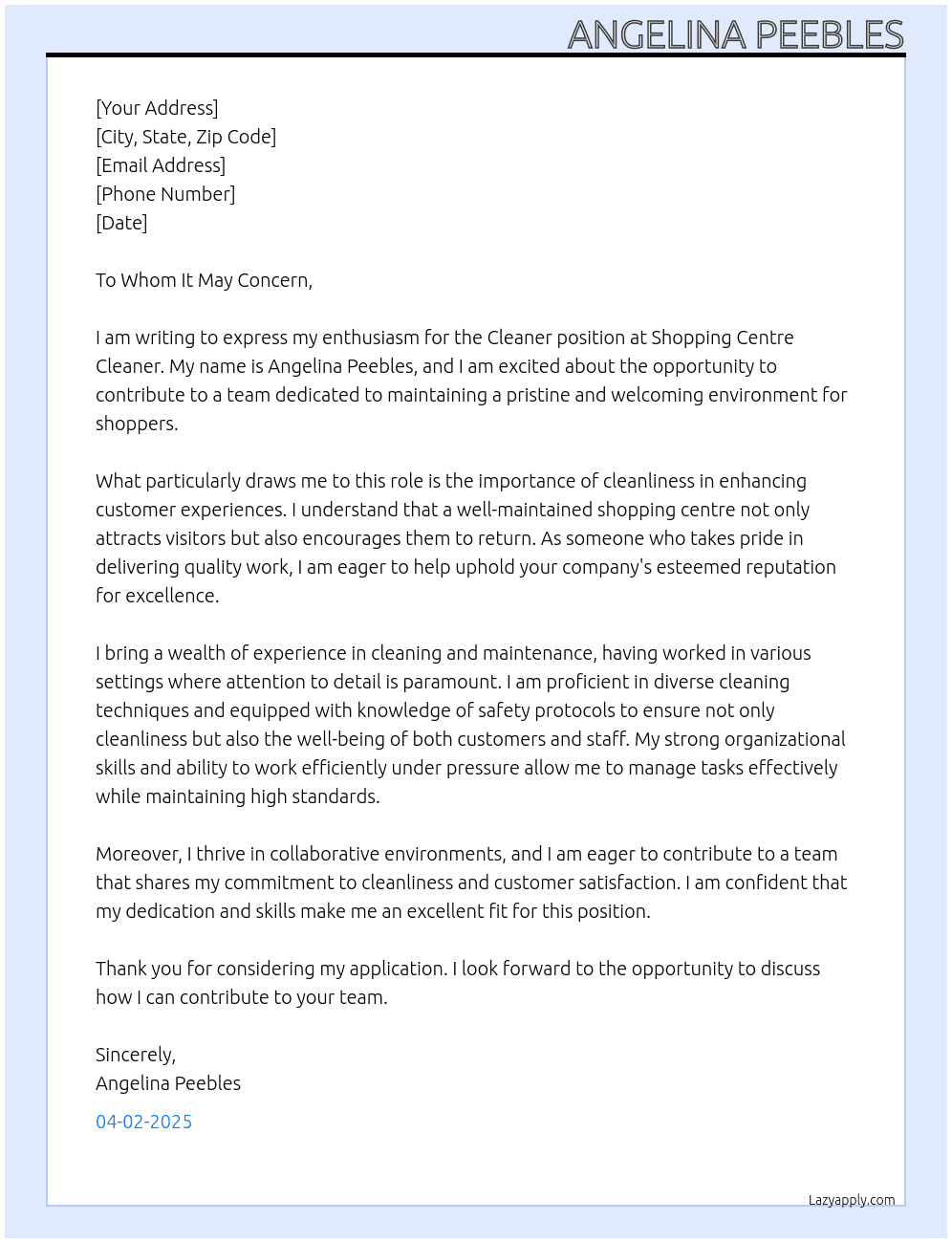Cleaner At Shopping centre cleaner Cover Letter