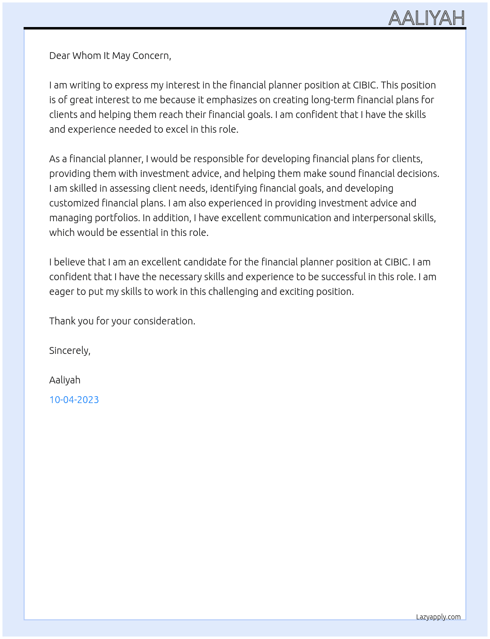Financial Planner At CIBIC Cover Letter