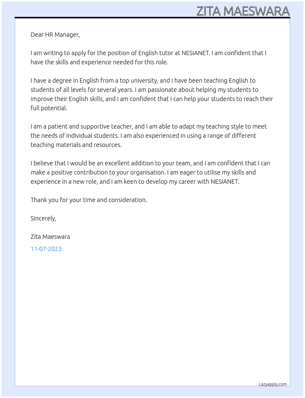 english tutor apply At NESIANET Cover Letter