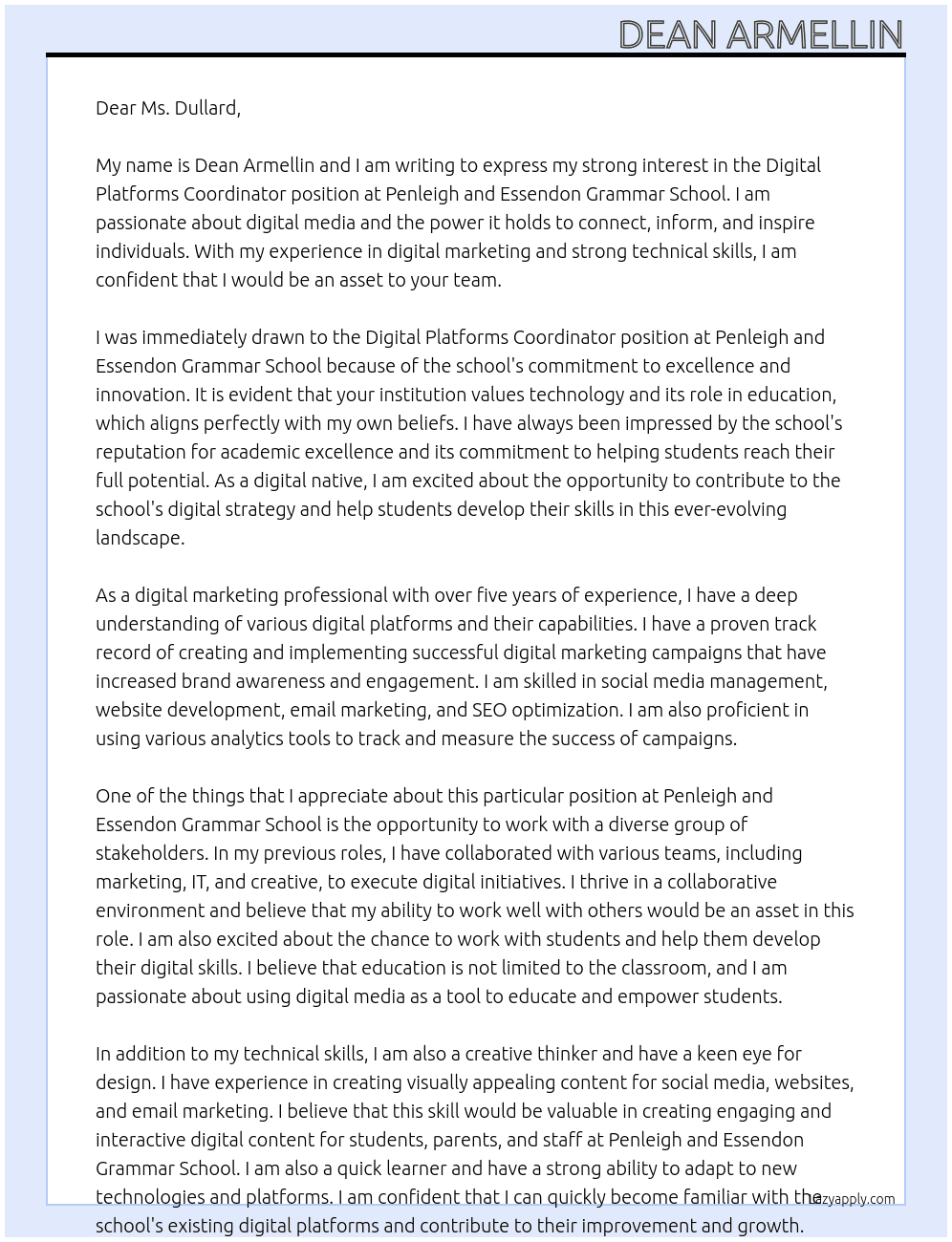 Digital Platforms Coordinator At Penleigh and Essendon Grammar School Cover Letter