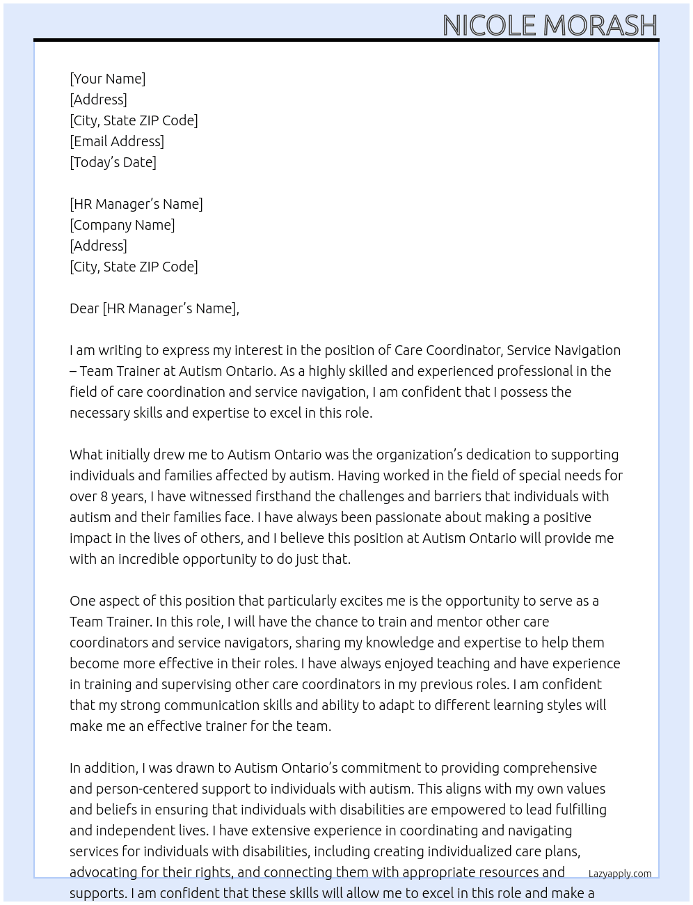 Care Coordinator, Service Navigation - Team Trainer At Autism Ontario Cover Letter