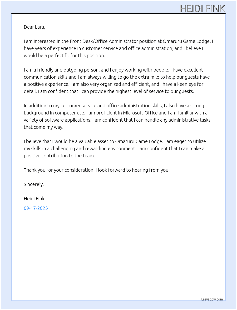 Front Desk/Office Administrator At Omaruru Game Lodge Cover Letter