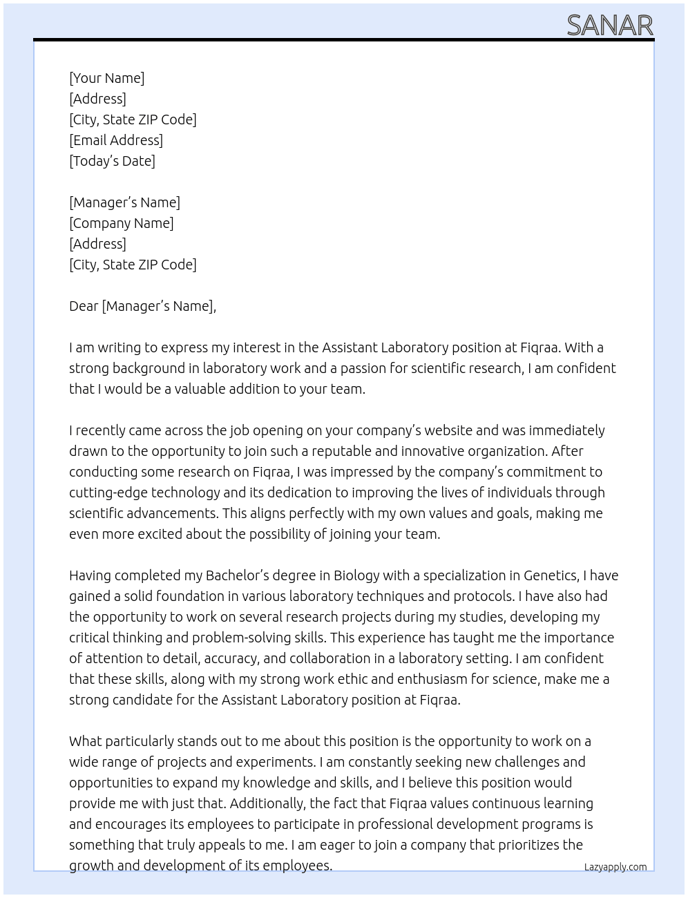 Assistant laboratory At Fiqraa Cover Letter