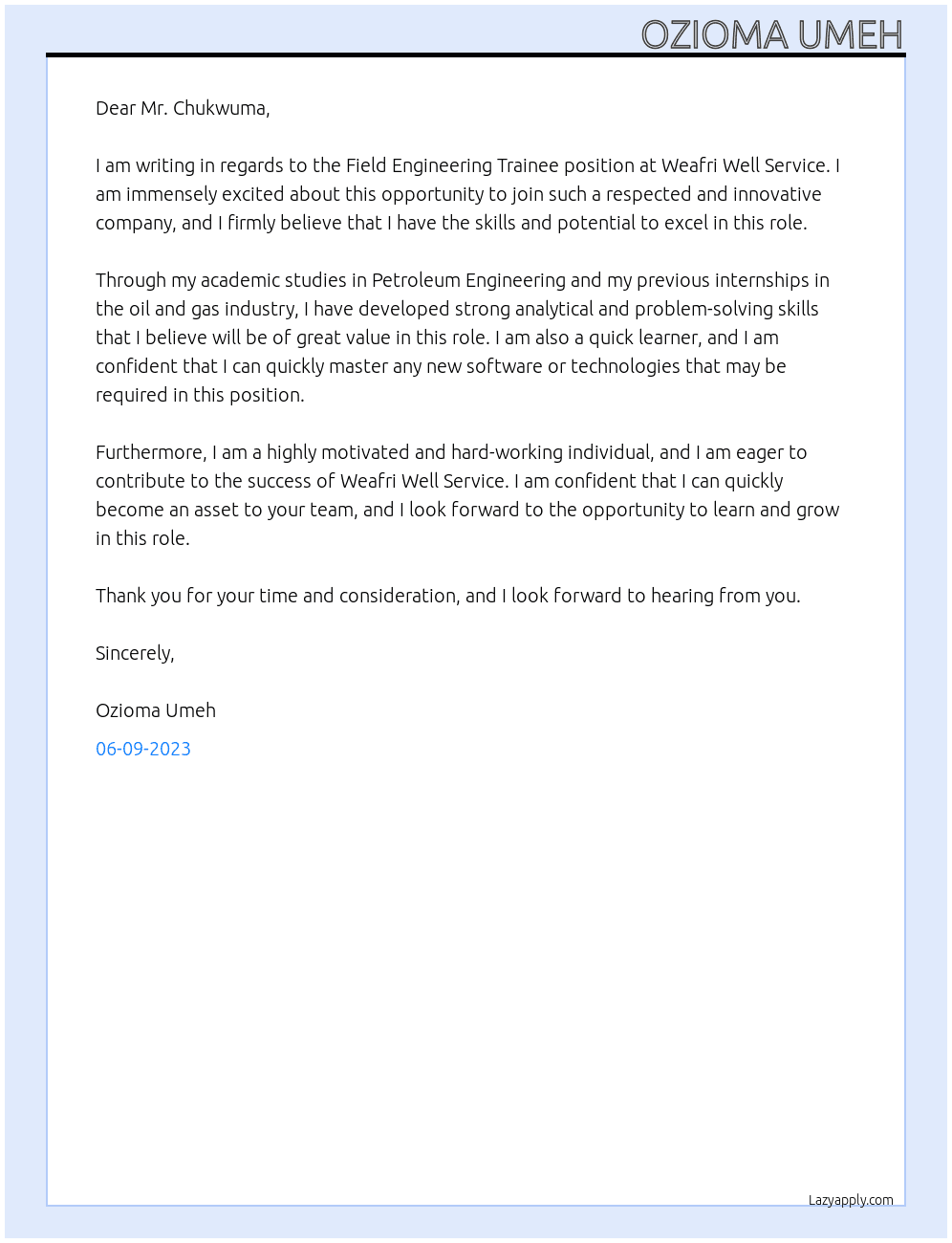 Field Engineering trainee At Weafri well service Cover Letter