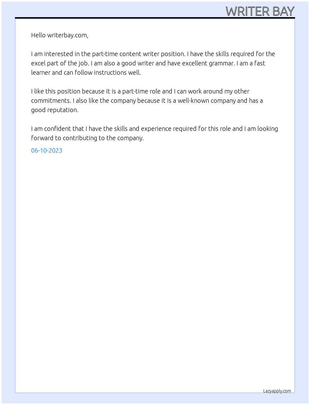 content writer At writerbay.com Cover Letter