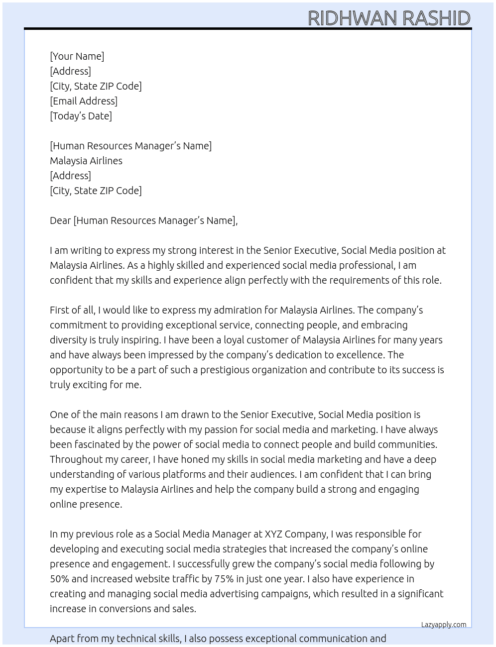 Senior Executive, Social Media At Malaysia Airlines Cover Letter