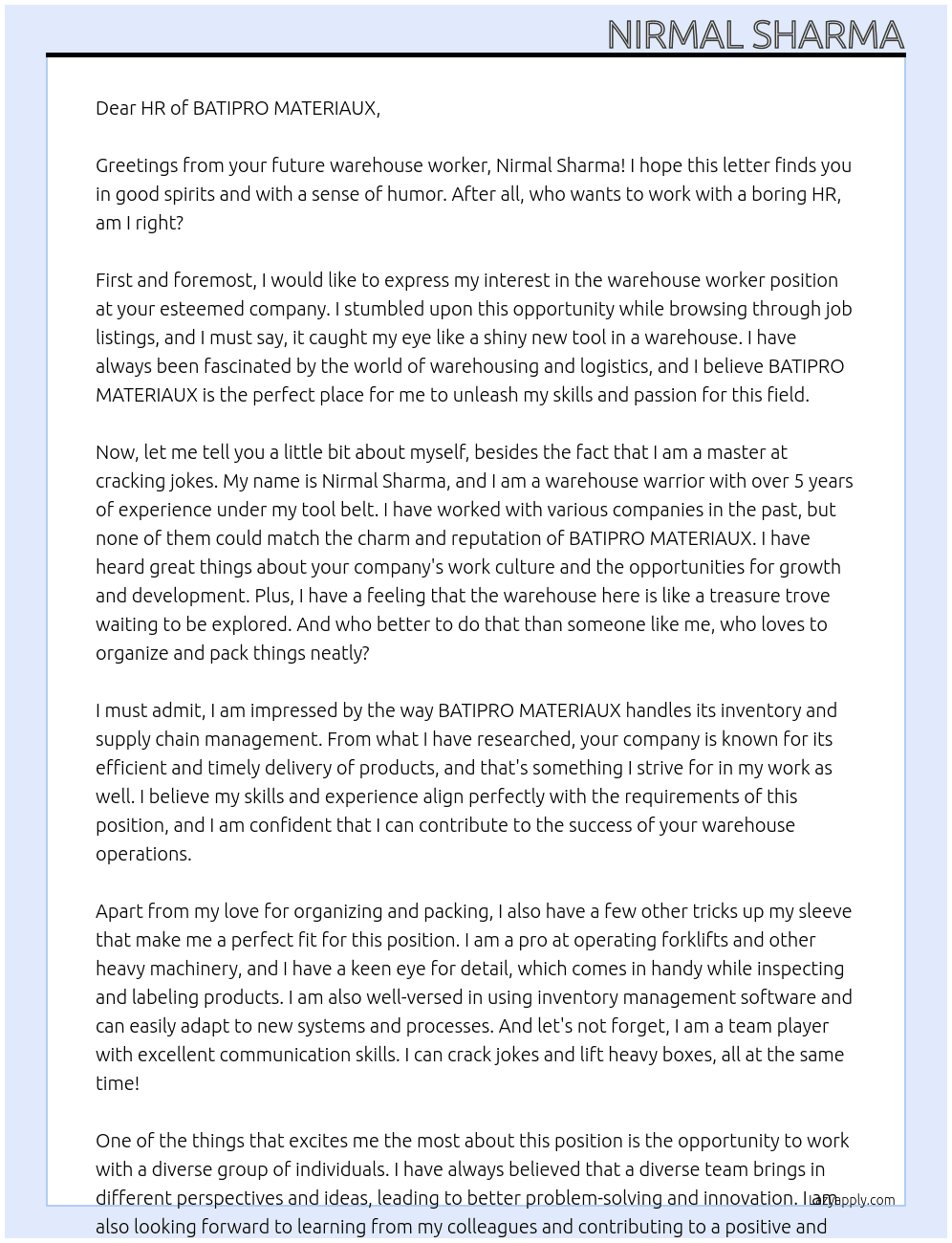 Warehouse worker At BATIPRO MATERIAUX Cover Letter