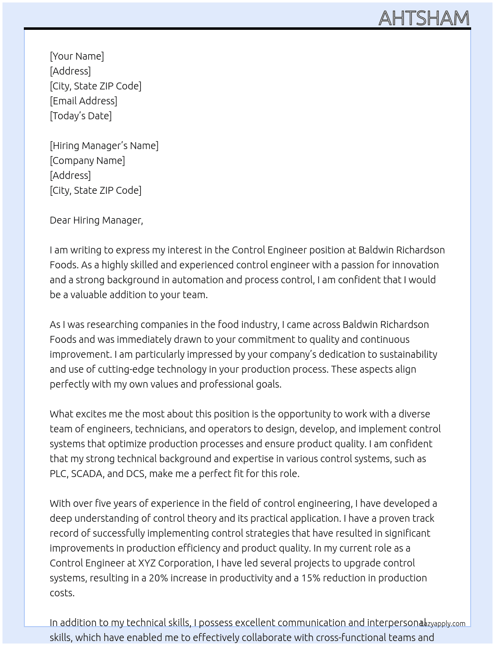 Control Engineer At  Baldwin Richardson Foods Cover Letter
