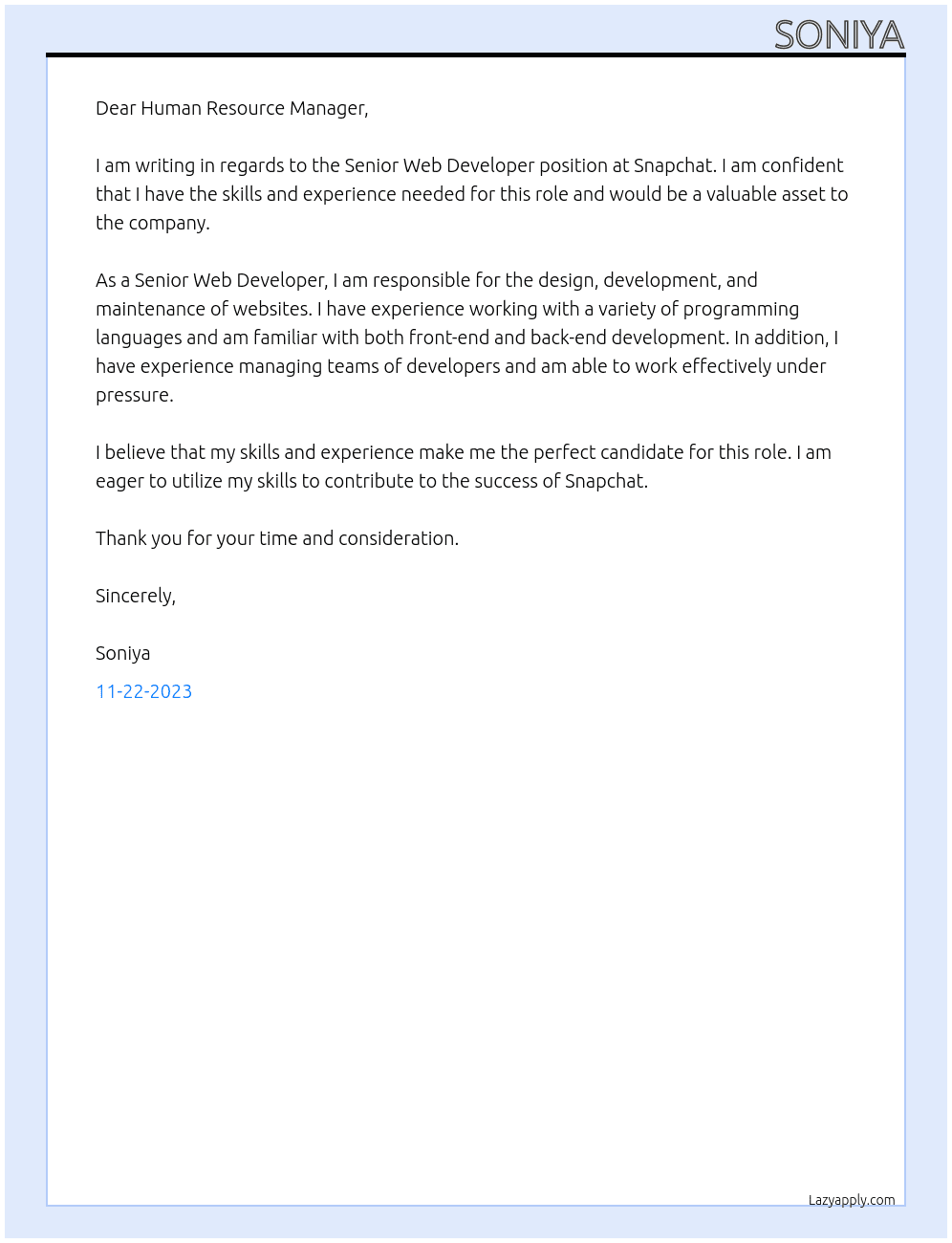 Senior Web developer At Snapchat Cover Letter