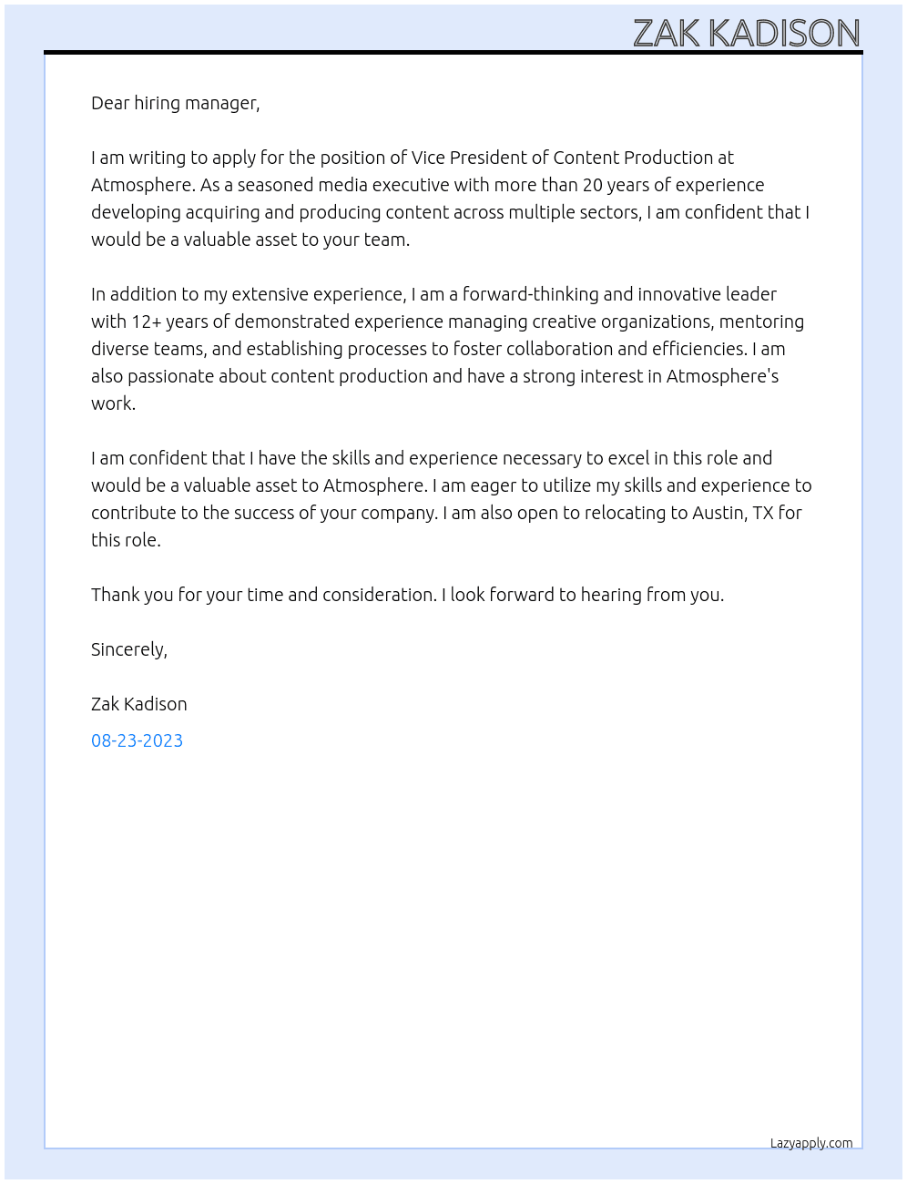 Vice President of Content Production At Atmosphere Cover Letter