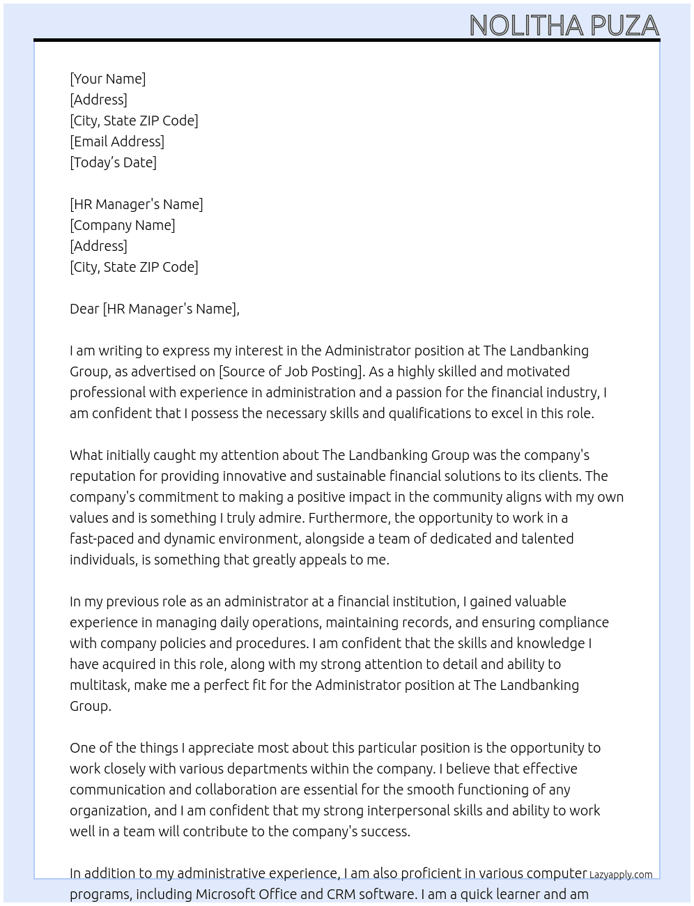 Administrator At The Landbanking Group Cover Letter