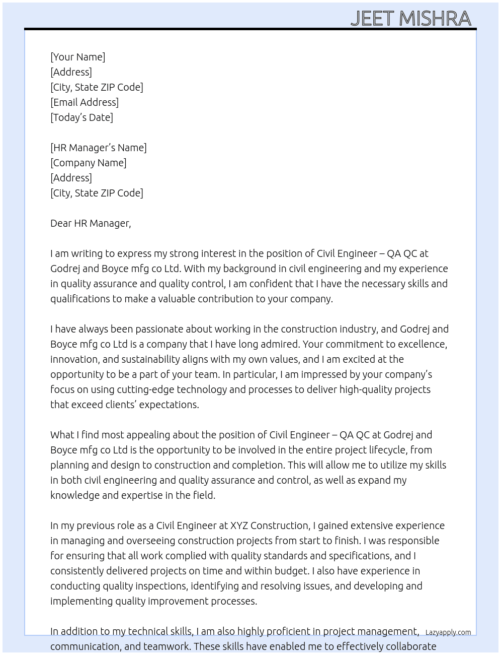Civil Engineer - QA QC  At Godrej and Boyce mfg co Ltd  Cover Letter