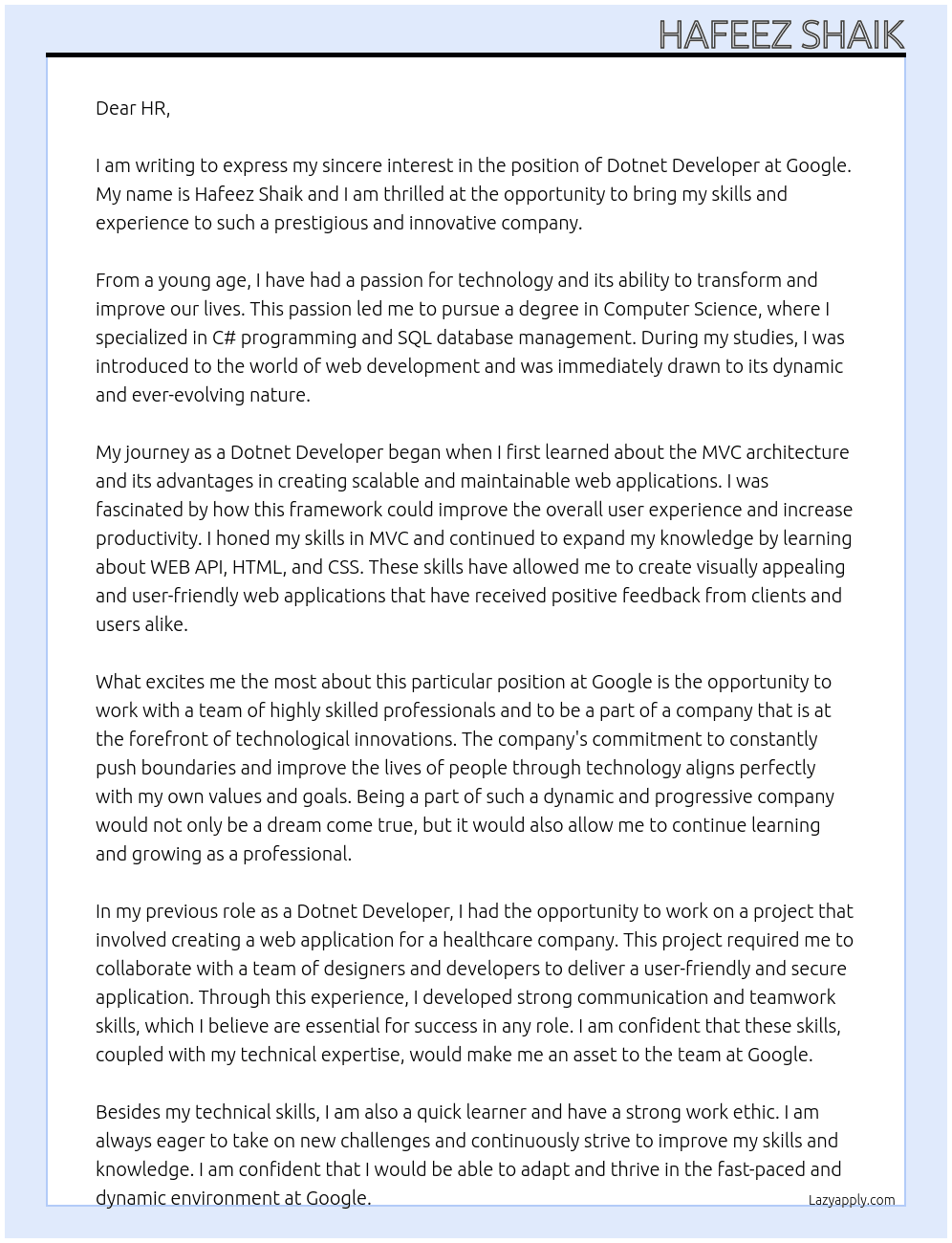 Dotnet developer At Google Cover Letter
