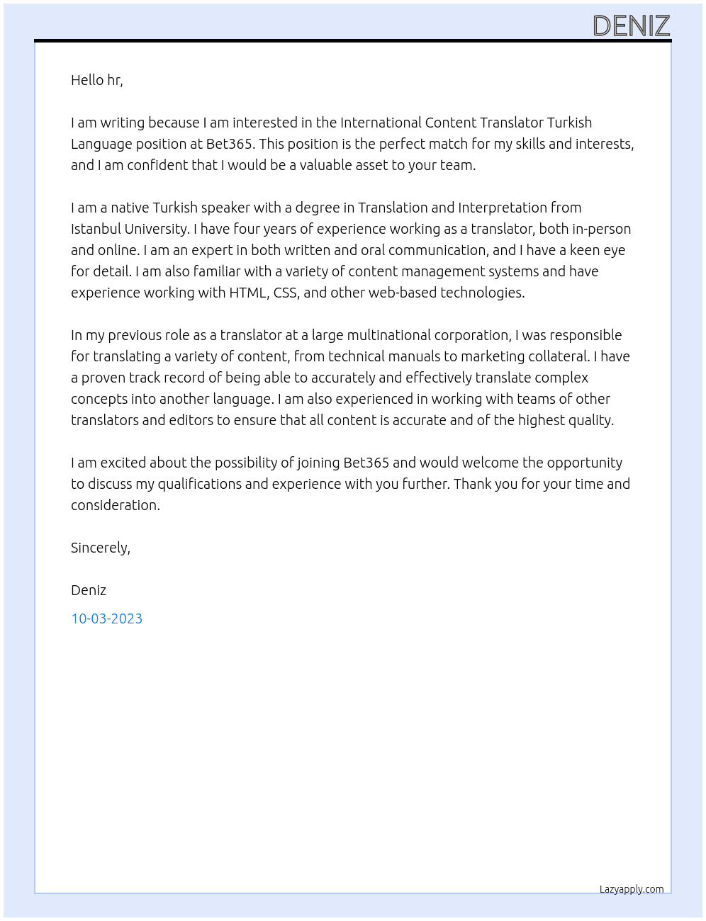  International Content Translator Turkish Language At Bet365 Cover Letter