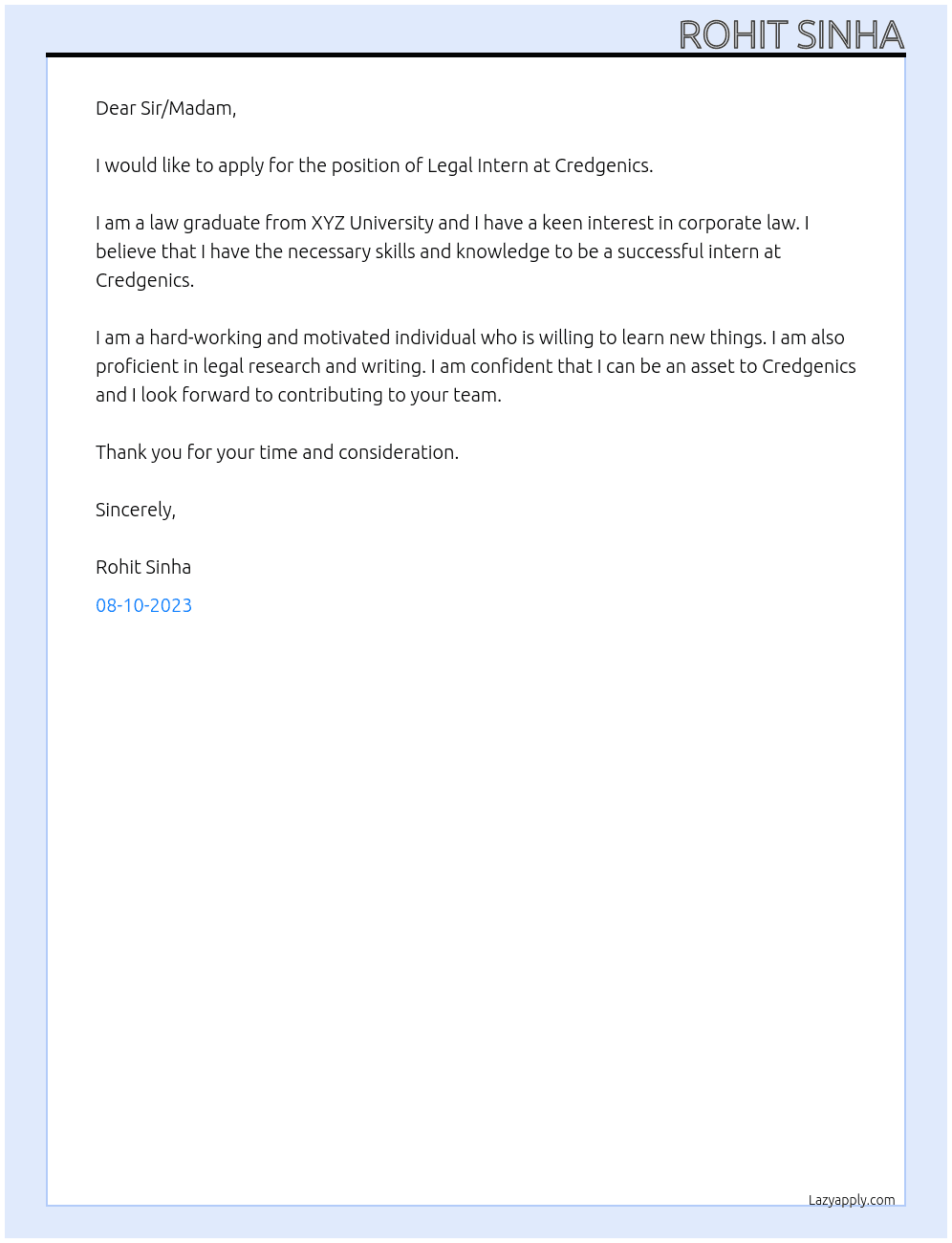 Legal Intern At Credgenics Cover Letter