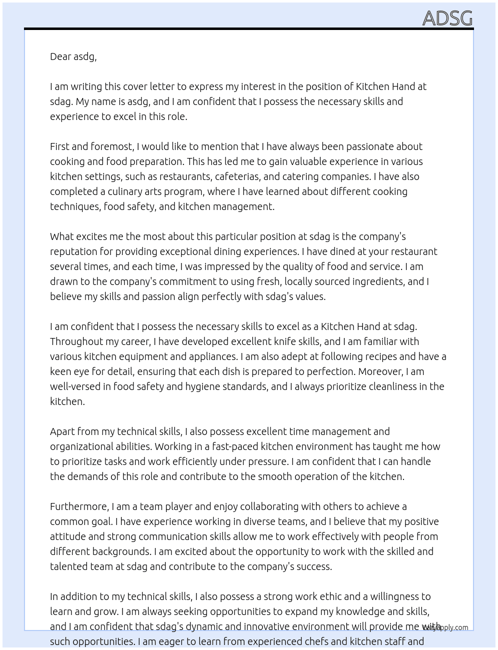 kitchen hand At sdag Cover Letter