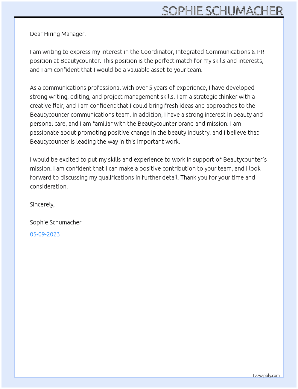Coordinator, Integrated Communications & PR At Beautycounter Cover Letter