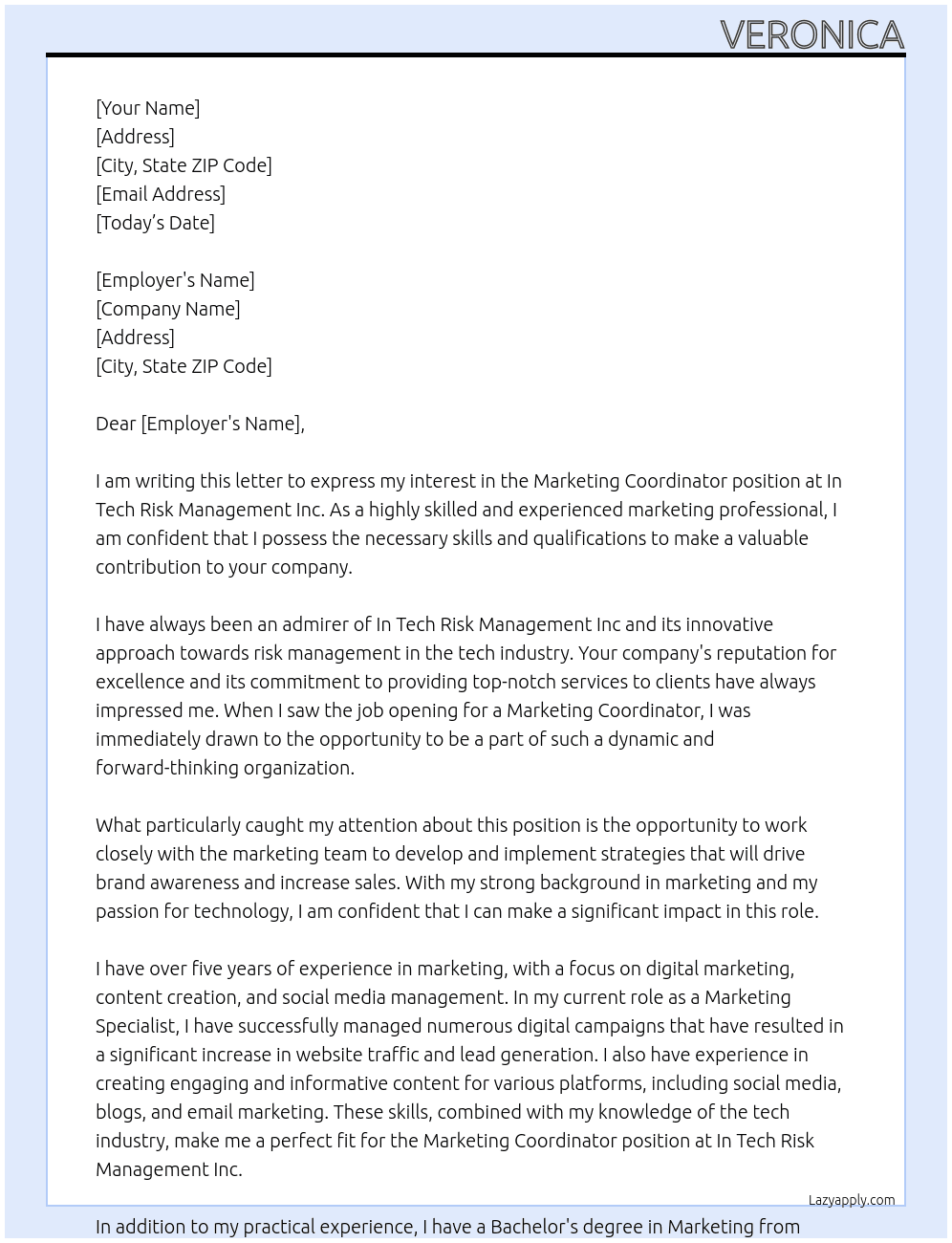 Marketing Coordinator At In Tech Risk Management Inc Cover Letter