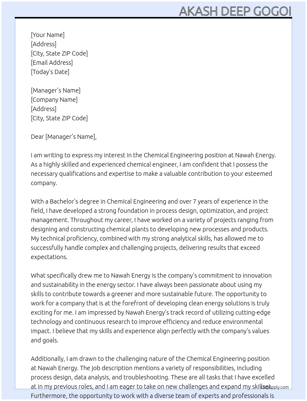 chemical engineering At Nawah Energy Cover Letter