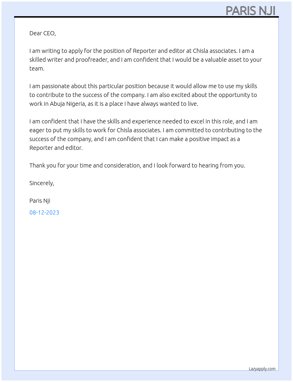 Reporter and editor  At Chisla associates  Cover Letter