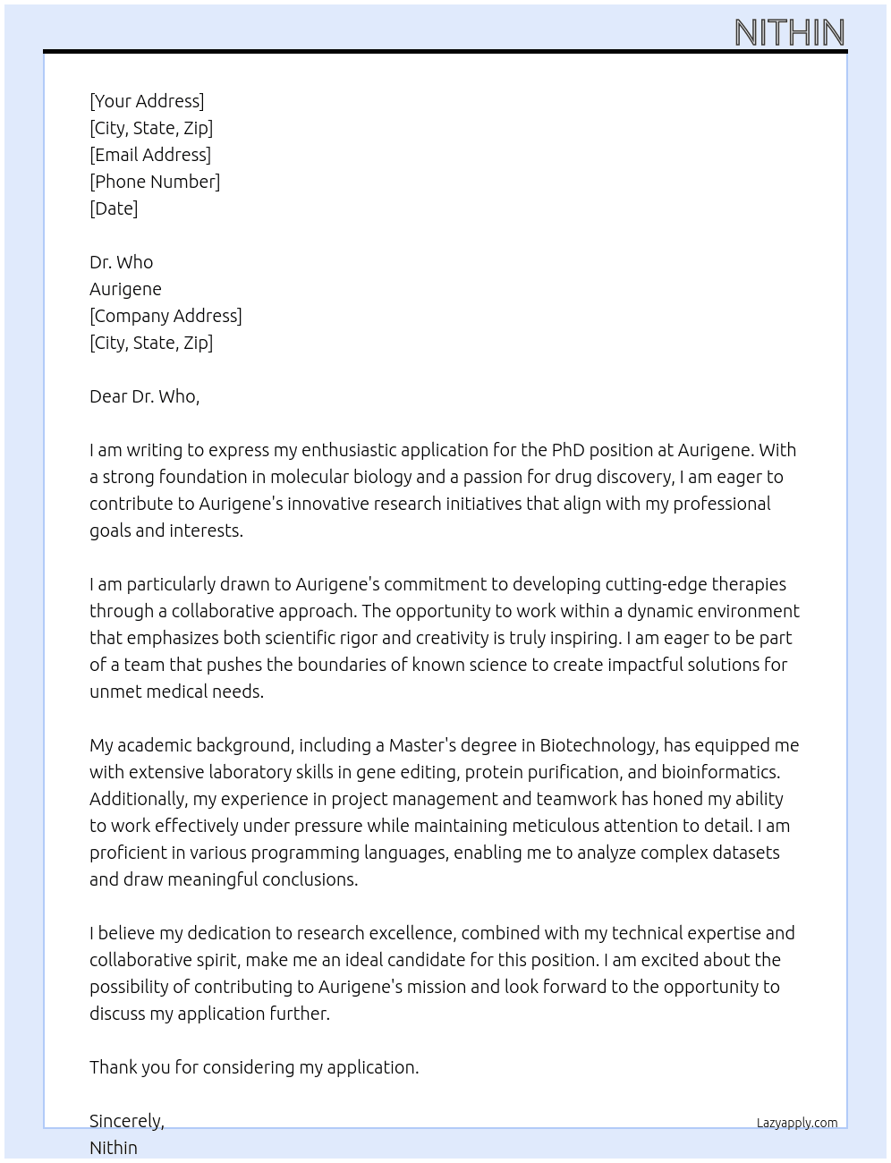 Phd position  At Aurigene  Cover Letter