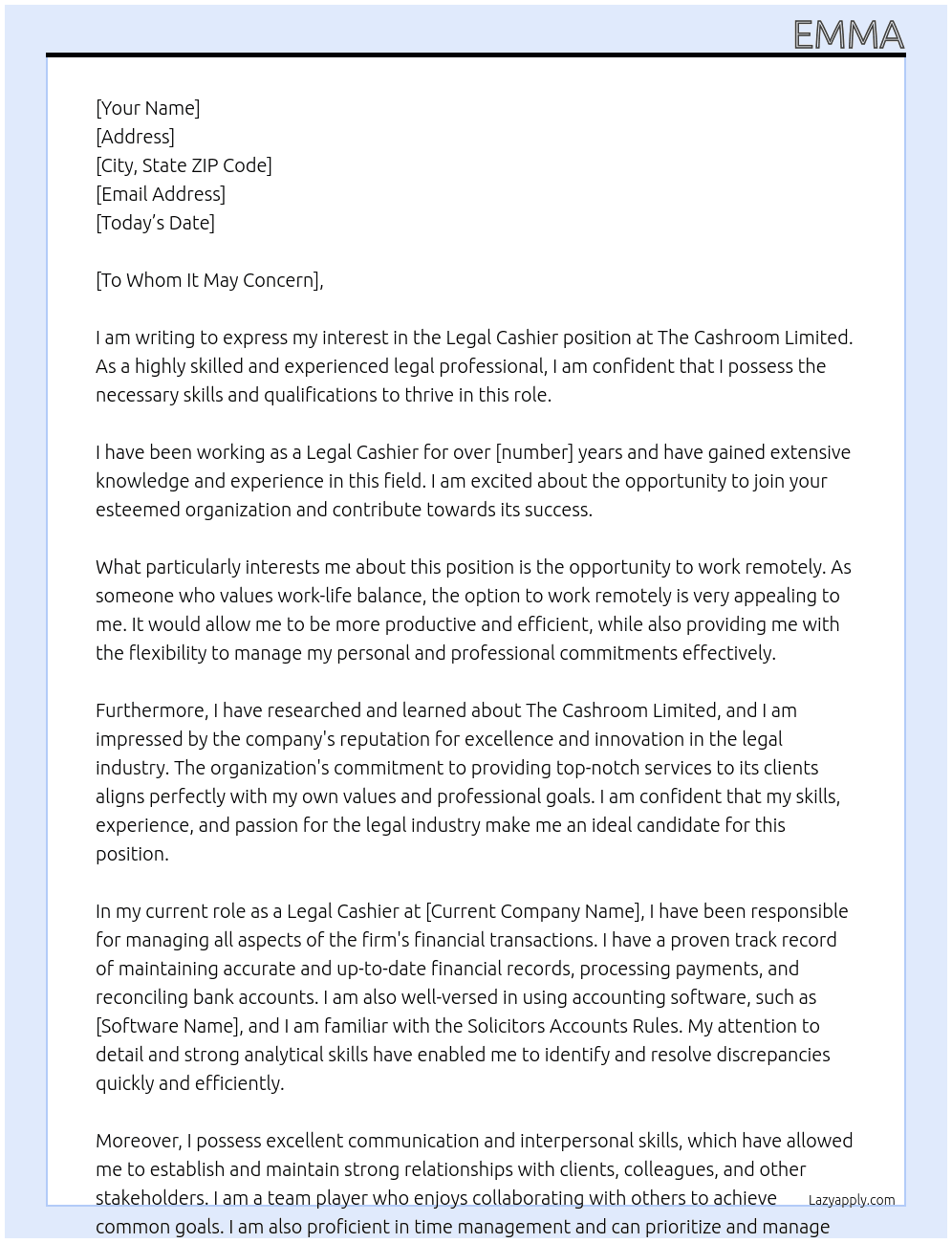 Legal Cashier At The Cashroom Limited Cover Letter