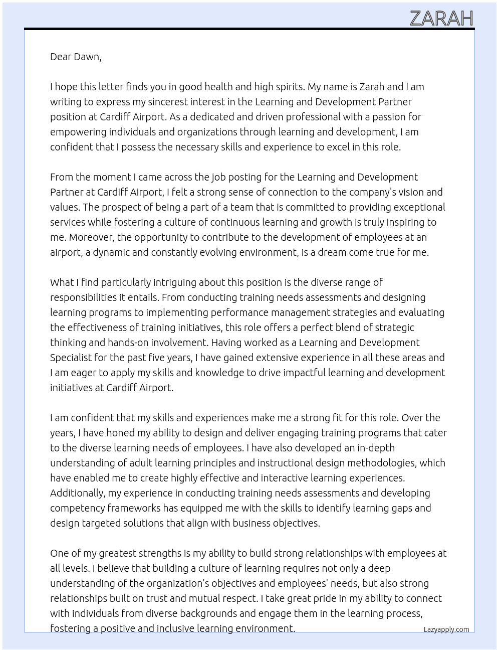 Cover letter for learning and development partner - LazyApply