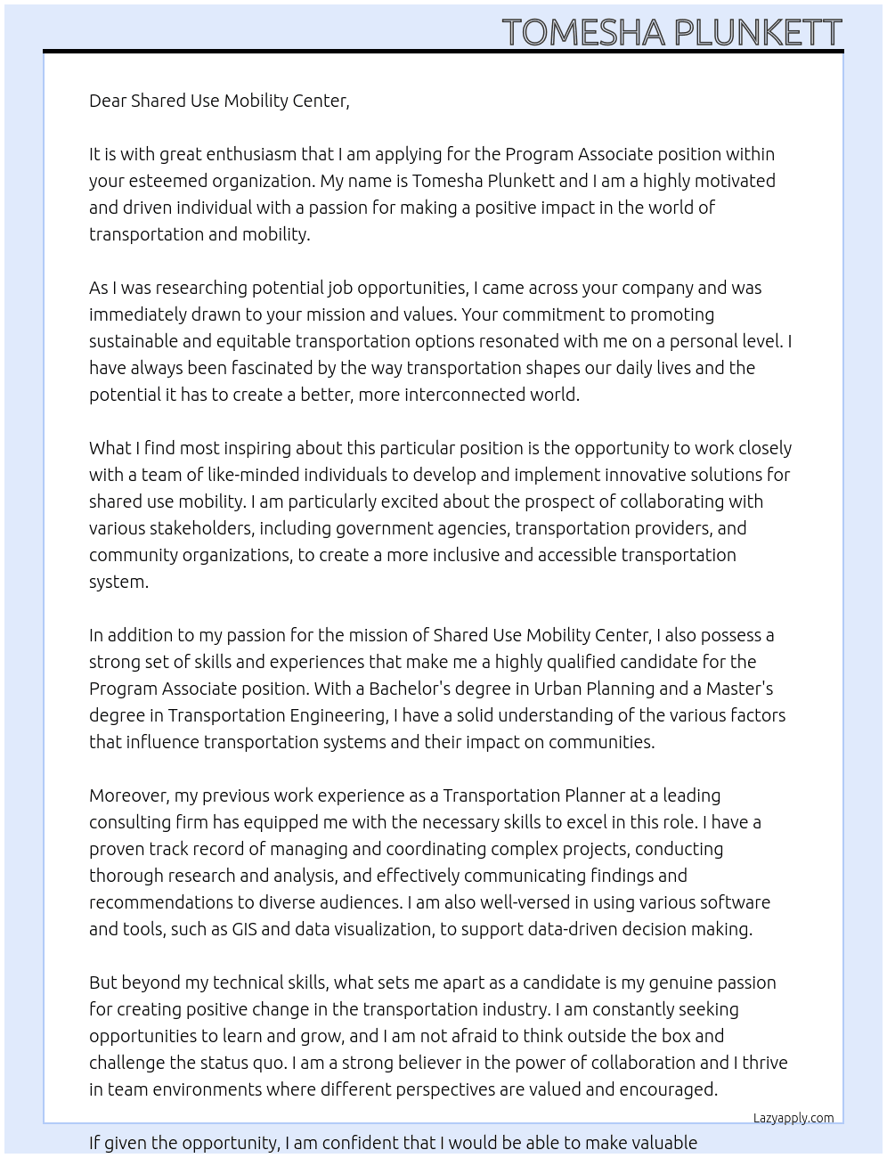 Program Associate At Shared Use Mobility Center Cover Letter