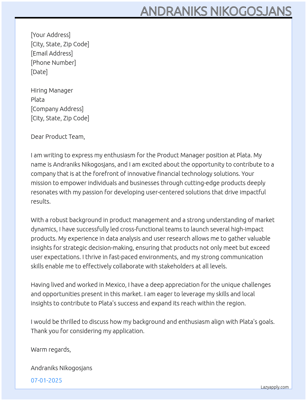 Product Manager  At Plata Cover Letter