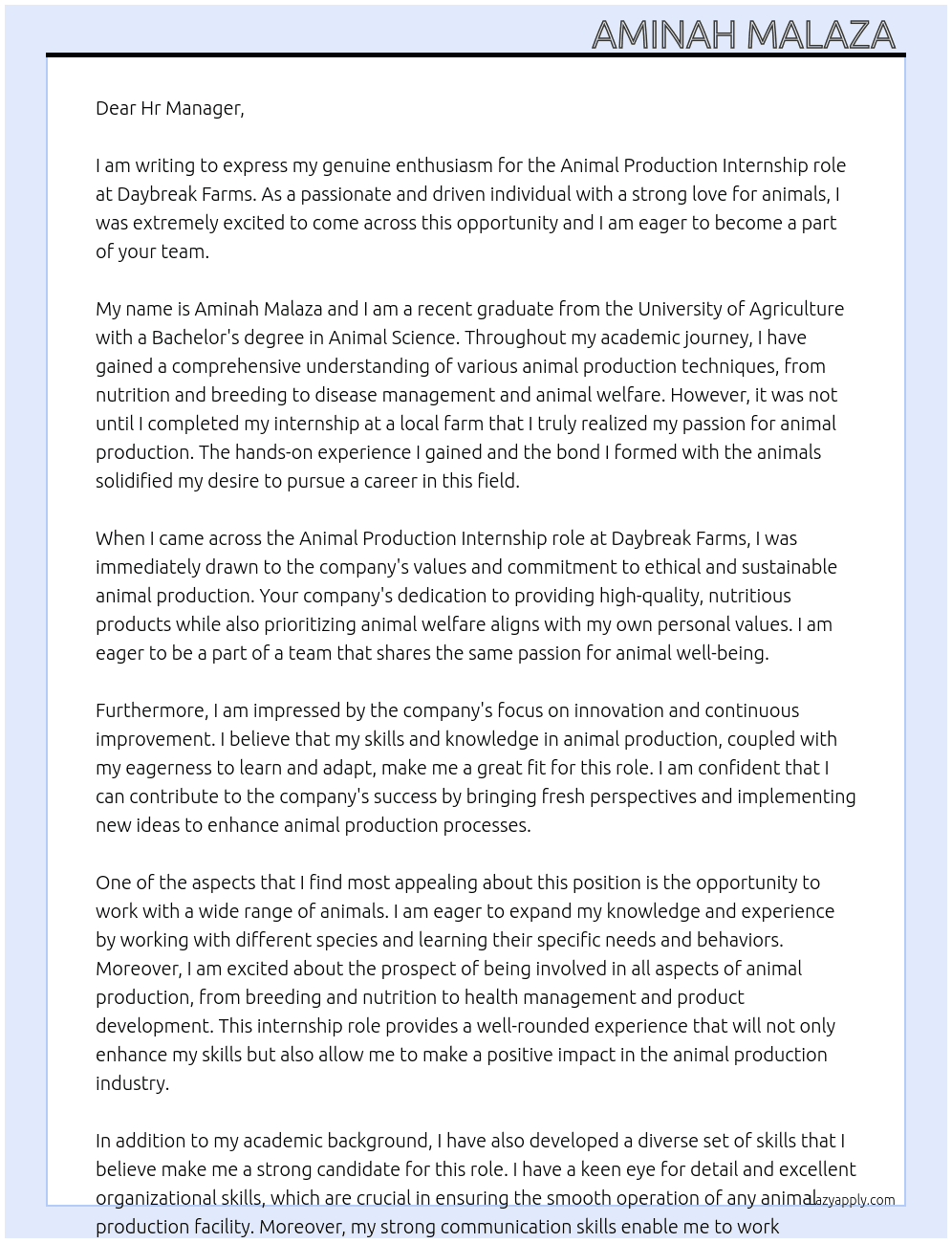 Animal production At Daybreak farms Cover Letter