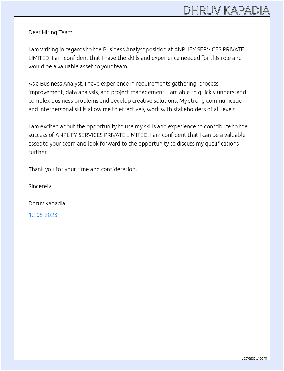 Business Analyst  At  ANPLIFY SERVICES PRIVATE LIMITED Cover Letter