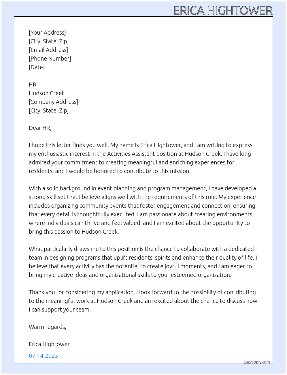 Cover letter for activities assistant - LazyApply