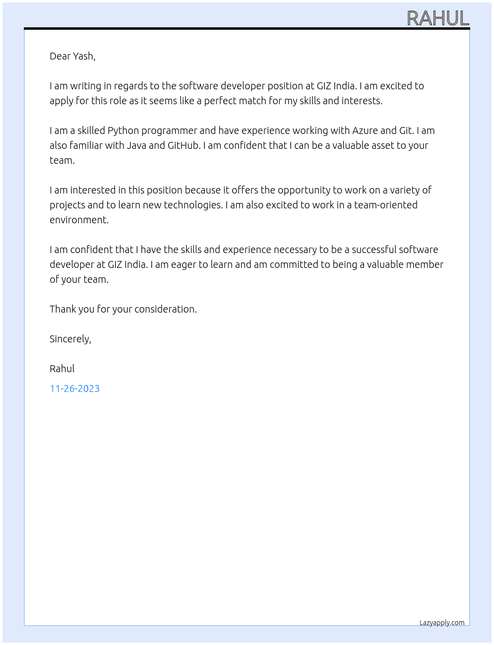 Software Developer At GIZ india Cover Letter