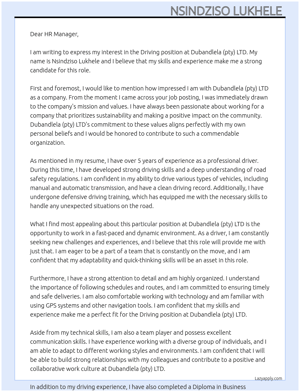 Driving  At Dubandlela (pty) LTD Cover Letter