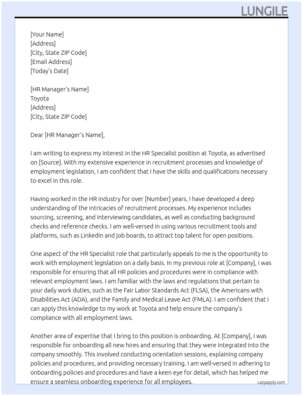 HR Specialist At Toyota Cover Letter
