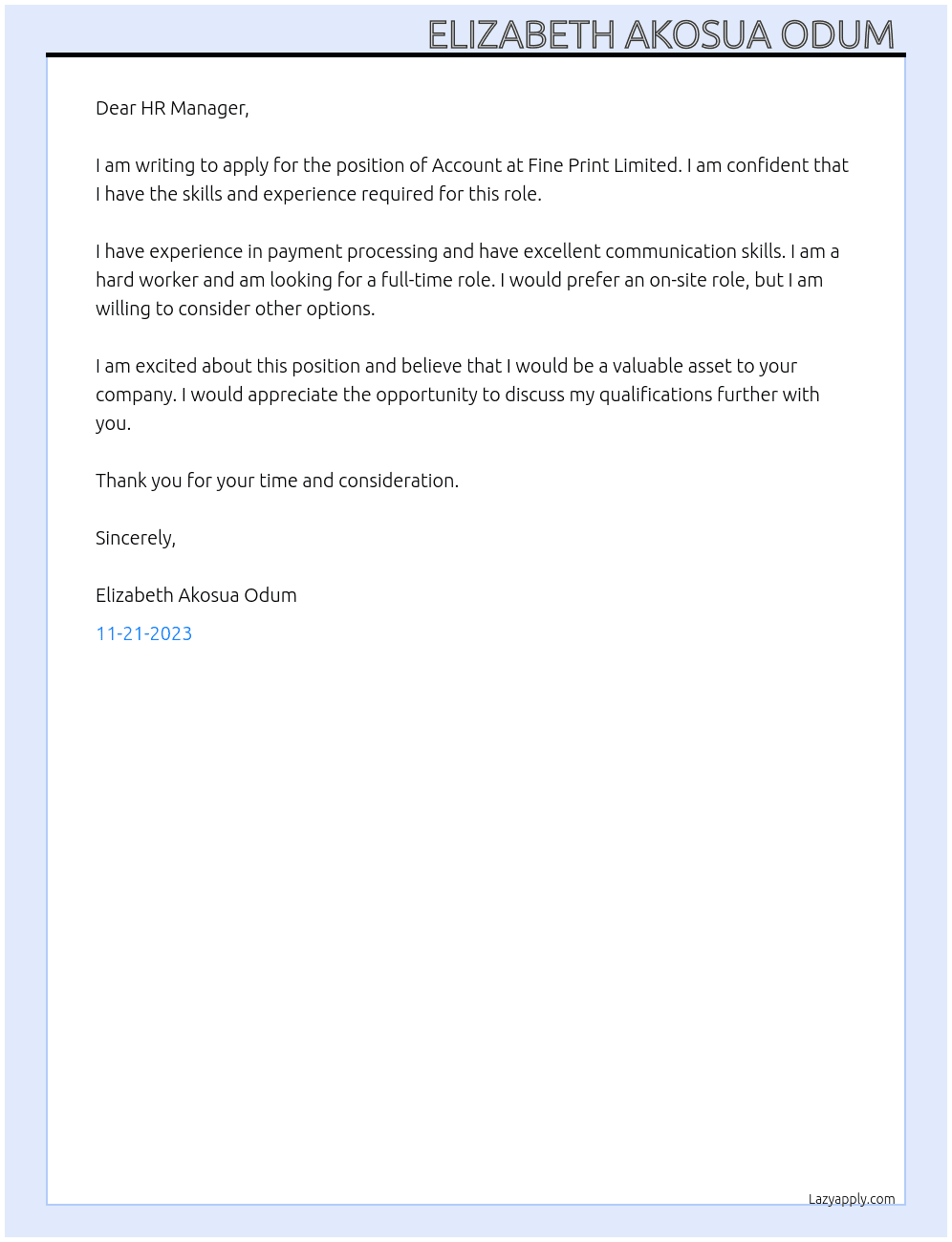 Account At Fine Print Limited  Cover Letter