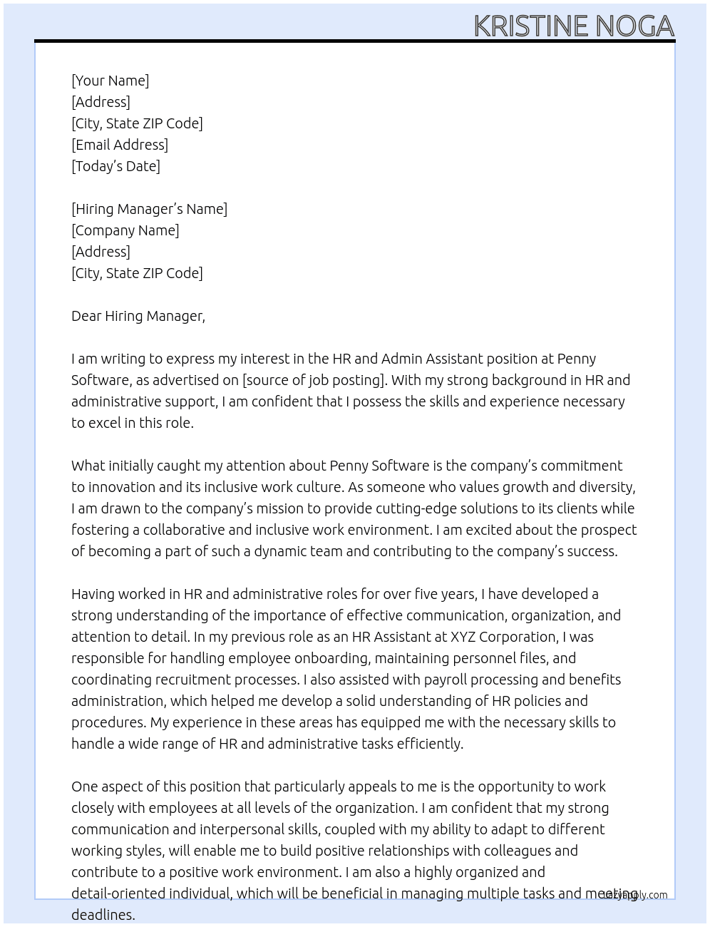 HR and ADMIN ASST At PENNY SOFTWARE Cover Letter
